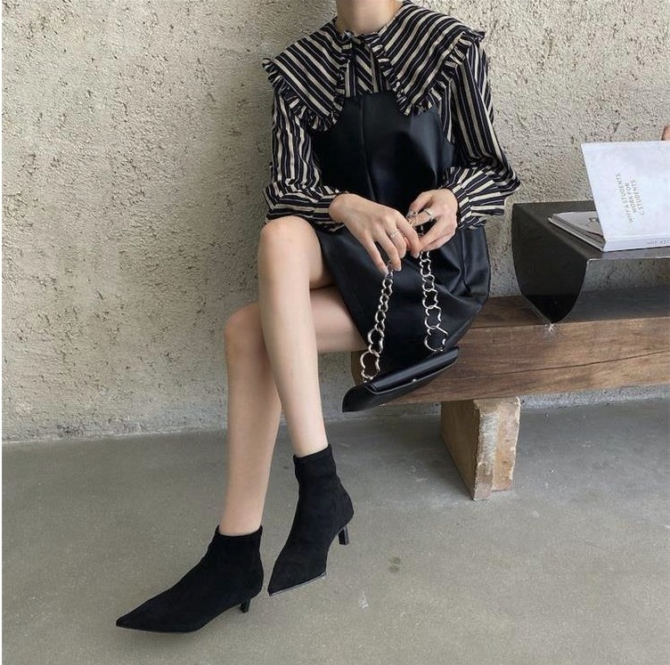 スエードブーツ ソックスブーツ ポインテッドトゥ ブーツ ハイヒール. ショートブーツ ２カラー a3549