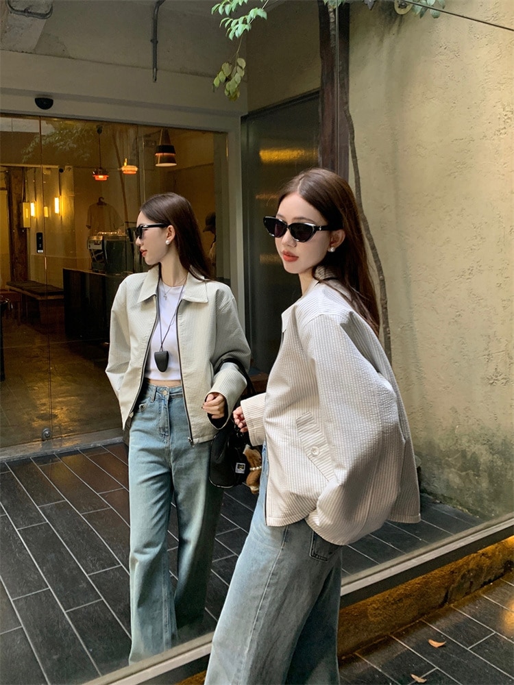 スタイル ジャケット コート レトロ ゆったりする 両面可着用 ストライプ 長袖 カジュアル 大人気 スタイル ジャケット コート レトロ ゆったりする 両面可着用 ストライプ 長袖 カジュアル 大人気