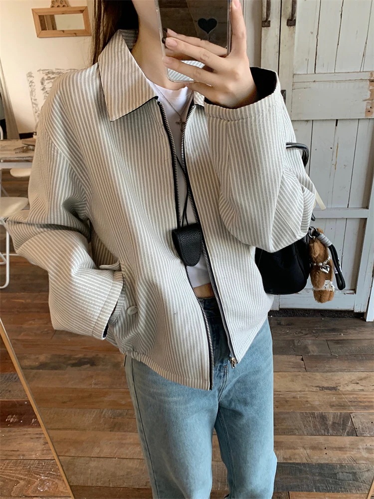 スタイル ジャケット コート レトロ ゆったりする 両面可着用 ストライプ 長袖 カジュアル 大人気 スタイル ジャケット コート レトロ ゆったりする 両面可着用 ストライプ 長袖 カジュアル 大人気