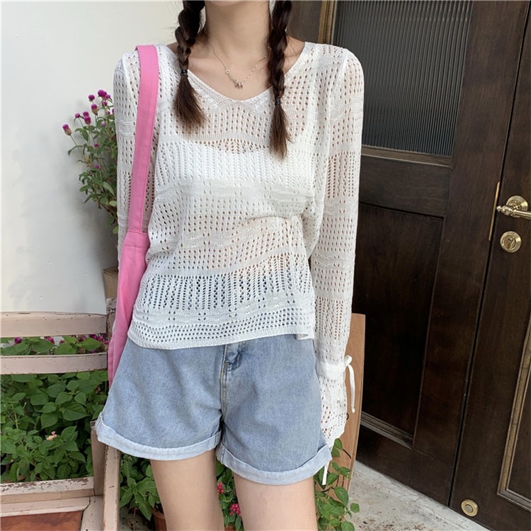 信じられない驚きの大スタイル Vネック 長袖 トップス 女性 日焼け止め服 オーバーシャ