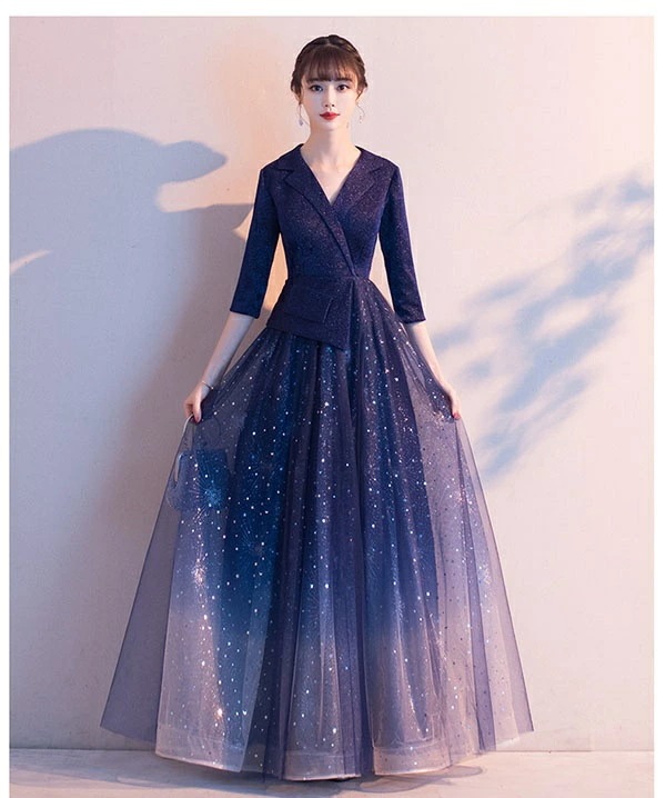 パーティードレス ロングドレス 母親 結婚式 袖あり Vネック 長袖 キラキラ グラデーション 襟付き ジャケット風 ミセス向けドレス 大人 ピアノ 発表会 ネイビー ブラック ベルト付き 成人式 ミ パーティードレス ロングドレス 母親 結婚式 袖あり Vネック 長袖 キラキラ グラデーション 襟付き ジャケット風 ミセス向けドレス 大人 ピアノ 発表会 ネイビー ブラック ベルト付き 成人式 ミ