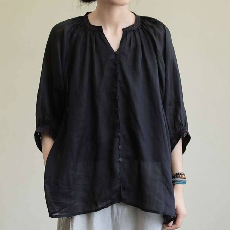 トップス シャツ ミディアム丈 袖あり 七分袖 Vネック 襟なし