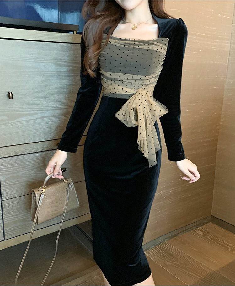 ドレス ワンピース レディース ミドル丈 Iライン 黒 ペンシルスカート 長袖 スリット レース ドット スクエアカラー リボン かわいい 大人可愛い かっこいい 黒 ブラック セクシー きれいめ 大