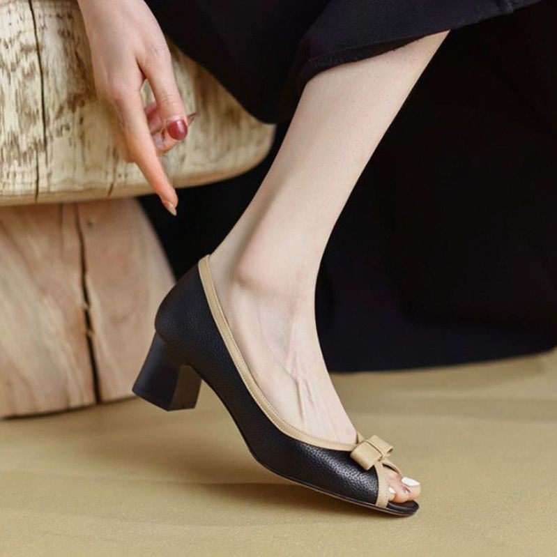 パンプス レディース 太ヒール チャンキーヒール 5cmヒール オープントゥ リボン付き フォーマル 美脚 痛くない 歩きやすい 疲れにくい 通勤 靴 春夏 パーティー 結婚式 二次会 披露宴