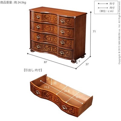 イタリア 家具 ヴェローナクラシック 丸脚4段チェスト W87cm 丸脚 輸入家具 アンティーク調 イタリア製