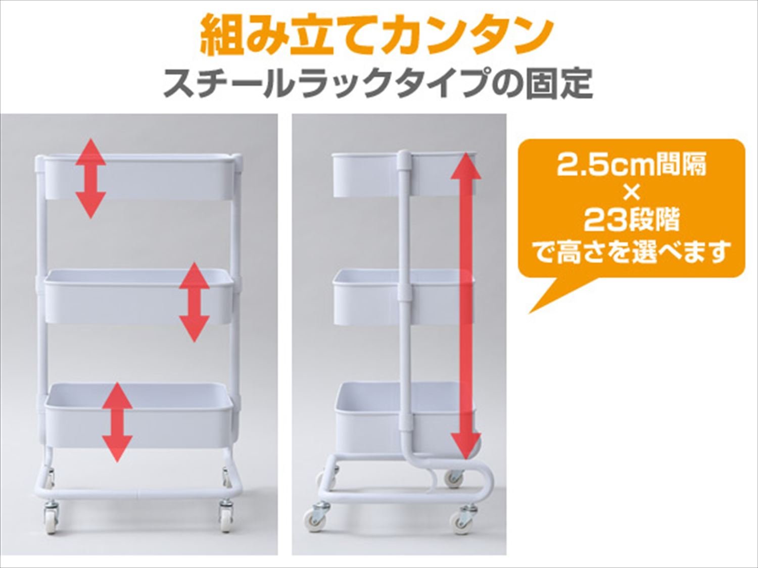 [山善] キッチンワゴン 高さ調節可能 全体耐荷重60k メッシュタイプ キャスター付き 幅46×奥行38×高さ81cmg バスケットトローリー 組立品 ホワイト LBT-3(WH)