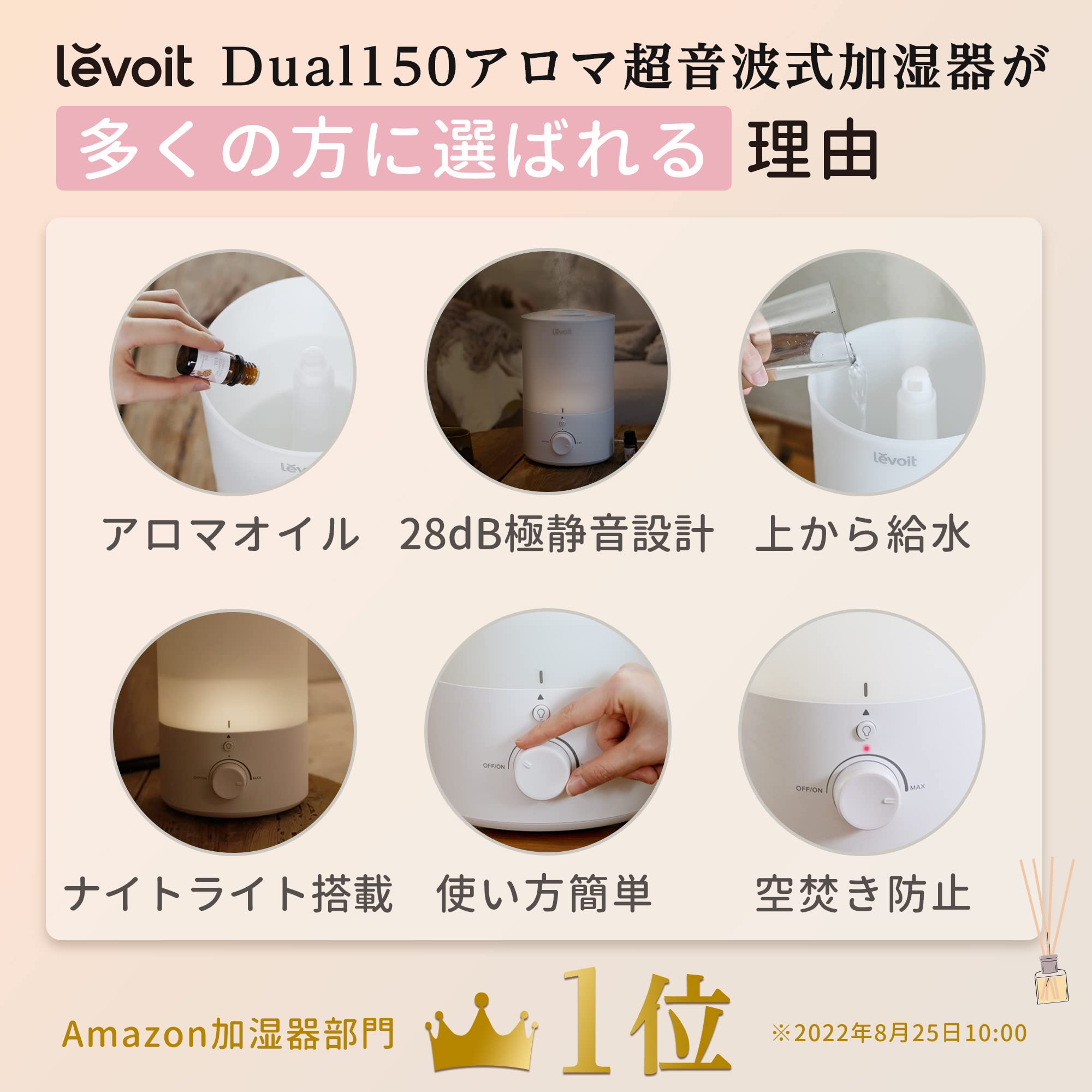 【節電対策】Levoit (レボイト) 加湿器 アロマ 卓上 大容量 3L 17畳まで対応 小型 超音波式 28dB 省エネ 静音 上から給水 ナイトライト 220ml/h 25時間連続稼働 消灯可能