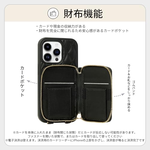 iPhone15 Pro 手帳型ケース ショルダーストラップ付き カード収納 スタンド機能 ブラック