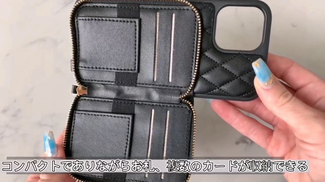 iPhone15 Pro 手帳型ケース ショルダーストラップ付き カード収納 スタンド機能 ブラック