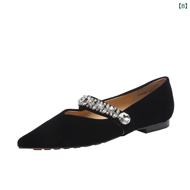 パンプス フラット シューズ レディース 春秋 ポインテッドトゥ スリッポン ラインストーン シルバー ブラック