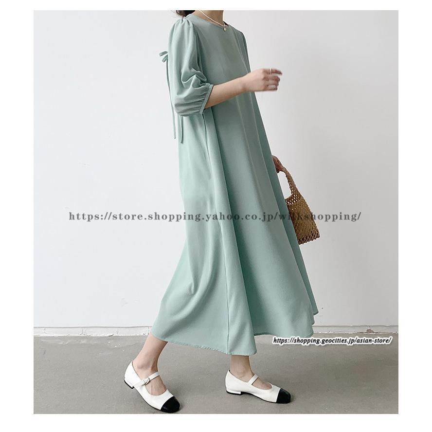 【短納期】夏 ワンピース 五分袖 シフォンワンピース リボン付き Aラインワンピース 無地大人 ゆったり 卒業式 入学式 二次会 お呼ばれ ロングワンピース 30代40代