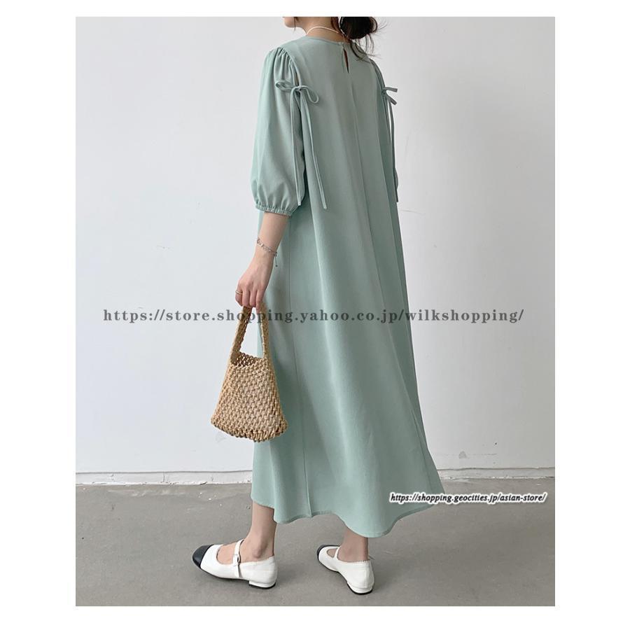【短納期】夏 ワンピース 五分袖 シフォンワンピース リボン付き Aラインワンピース 無地大人 ゆったり 卒業式 入学式 二次会 お呼ばれ ロングワンピース 30代40代