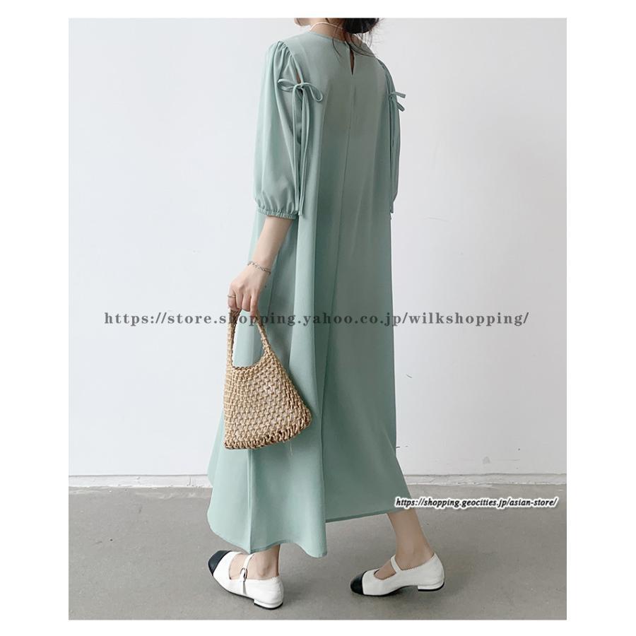 【短納期】夏 ワンピース 五分袖 シフォンワンピース リボン付き Aラインワンピース 無地大人 ゆったり 卒業式 入学式 二次会 お呼ばれ ロングワンピース 30代40代