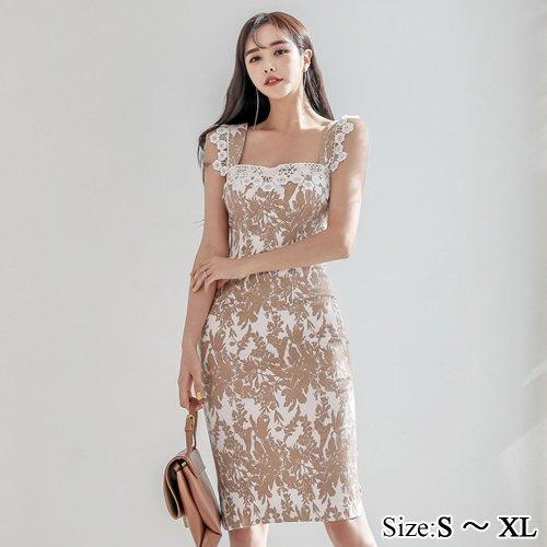 キャバドレス ナイトドレス ミディアムドレス ノースリーブ ワンピース スクエアネック ケミカルレース花柄 ボタニカル レディース グラシア