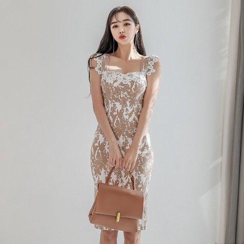 キャバドレス ナイトドレス ミディアムドレス ノースリーブ ワンピース スクエアネック ケミカルレース花柄 ボタニカル レディース グラシア