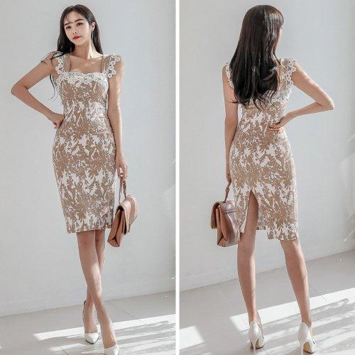 キャバドレス ナイトドレス ミディアムドレス ノースリーブ ワンピース スクエアネック ケミカルレース花柄 ボタニカル レディース グラシア