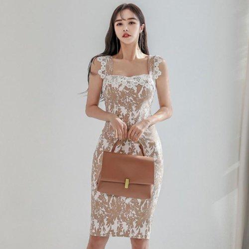 キャバドレス ナイトドレス ミディアムドレス ノースリーブ ワンピース スクエアネック ケミカルレース花柄 ボタニカル レディース グラシア