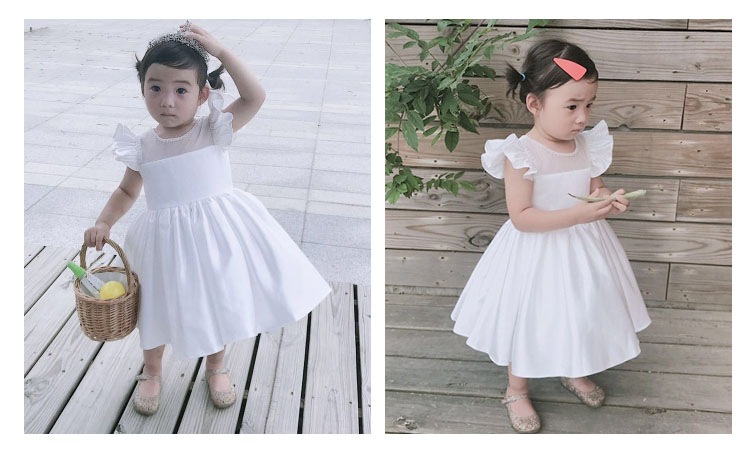 ドレス 子ども フリルの袖 超ボリューム【商品到着後レビューを書いて靴下２足【M1足+XL1足】ベビードレス ピアノ 発表会 大きいリボン 子供フォーマルドレス フラワーガール ホワイト 女の子花ドレ