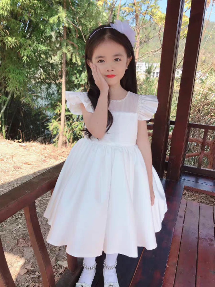 ドレス 子ども フリルの袖 超ボリューム【商品到着後レビューを書いて靴下２足【M1足+XL1足】ベビードレス ピアノ 発表会 大きいリボン 子供フォーマルドレス フラワーガール ホワイト 女の子花ドレ