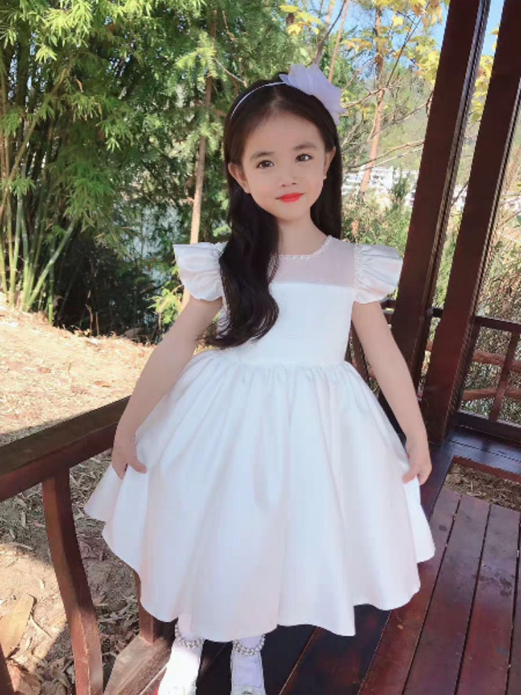 ドレス 子ども フリルの袖 超ボリューム【商品到着後レビューを書いて靴下２足【M1足+XL1足】ベビードレス ピアノ 発表会 大きいリボン 子供フォーマルドレス フラワーガール ホワイト 女の子花ドレ