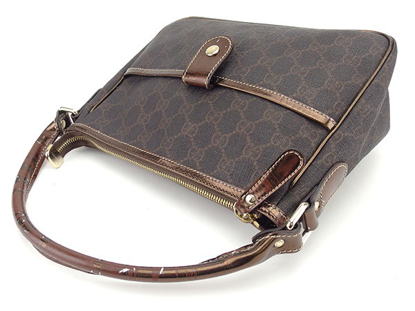 グッチ GUCCI ハンドバッグ レディース GGプラス ブラウン×ブロンズ系 PVC×エナメルレザー 訳あり セール 【中古】 T808 . グッチ GUCCI ハンドバッグ レディース GGプラス ブラウン×ブロンズ系 PVC×エナメルレザー 訳あり セール 【中古】 T808 .