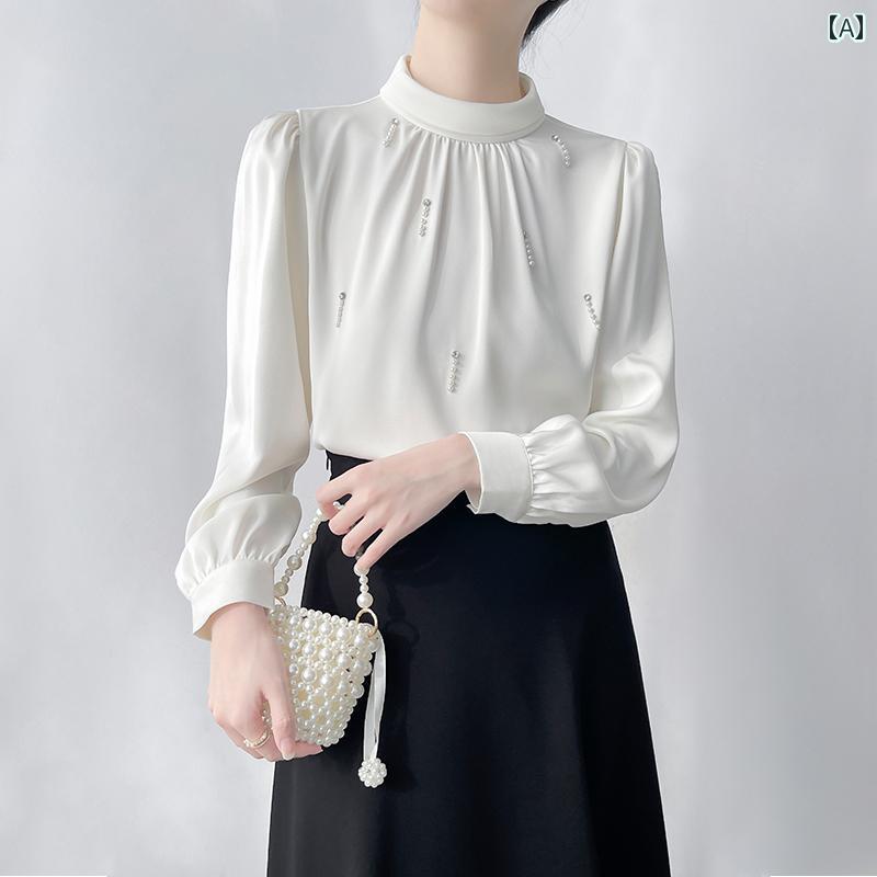 ブラウス フレンチスタイル ラインストーン パール シャツ レディース 秋冬 ハイネック 通勤 トップス パフスリーブ 上品 シンプル ブラウス フレンチスタイル ラインストーン パール シャツ レディース 秋冬 ハイネック 通勤 トップス パフスリーブ 上品 シンプル