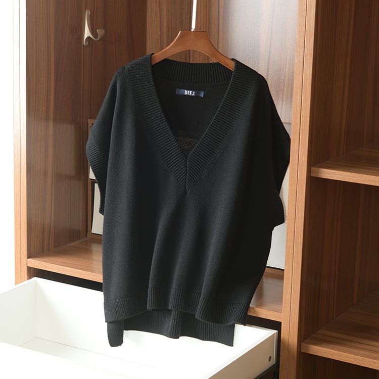 トップス人気おすすめおしゃれ 激安 安い プチプラ カーディガン ニット セーター コーディガン ベスト 肩出し 半袖 ベスト とろみ ビックシルエット ざっくり ぶかぶか Vネック wto