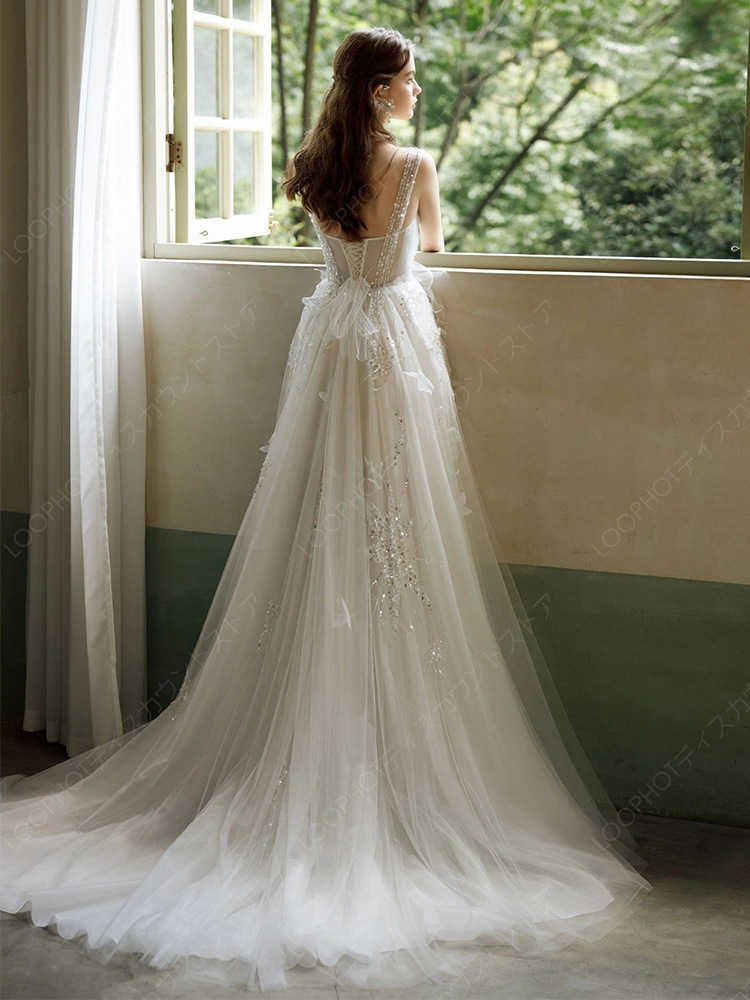 森系ライトウエディング2025新作キャミソールフレンチ高級感レースのエンゲージドレス高級感 花嫁ロングドレス ウェディングドレス 白-42