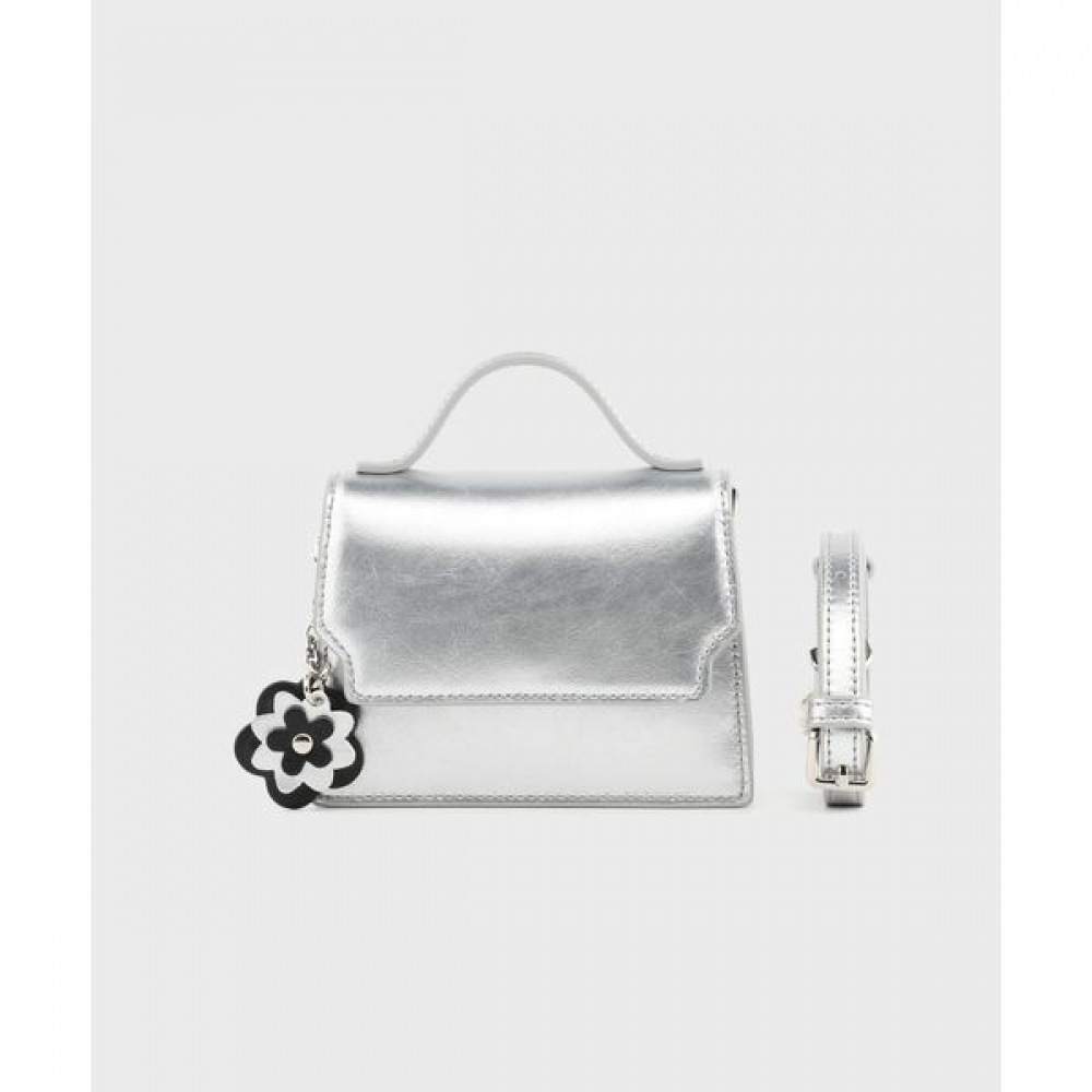[モンサック] モンサックプリン牛革スクエアミニクロスバッグシルバー AL18-2811-SI