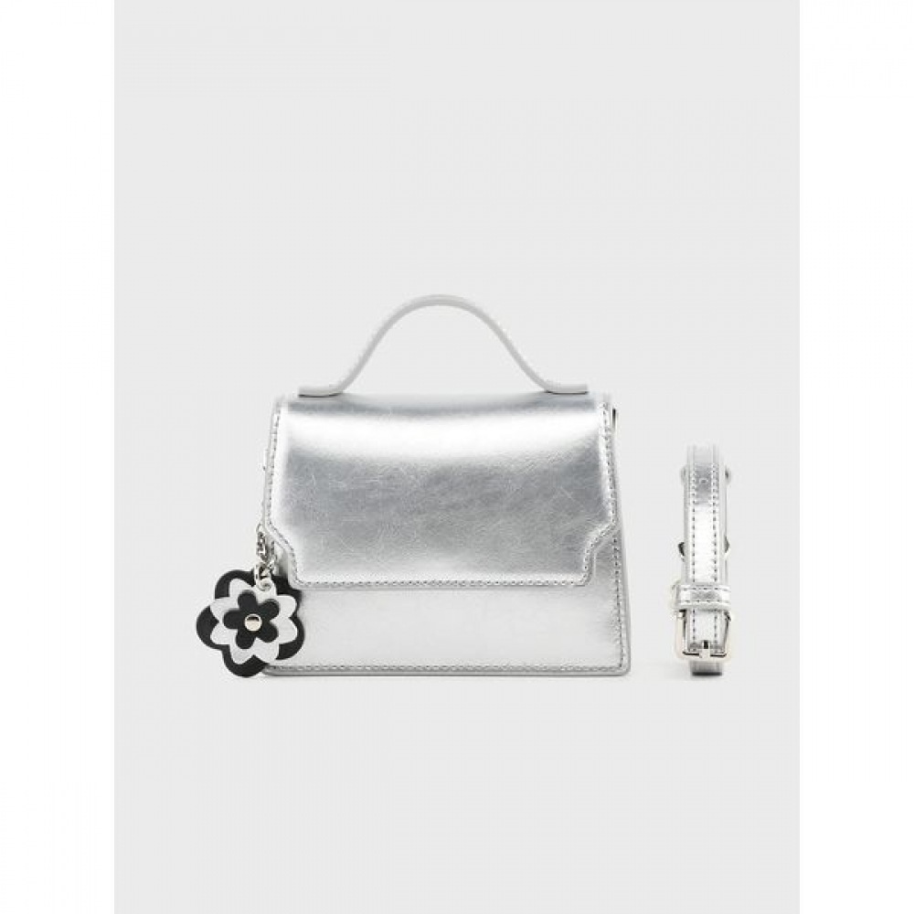 [モンサック] モンサックプリン牛革スクエアミニクロスバッグシルバー AL18-2811-SI