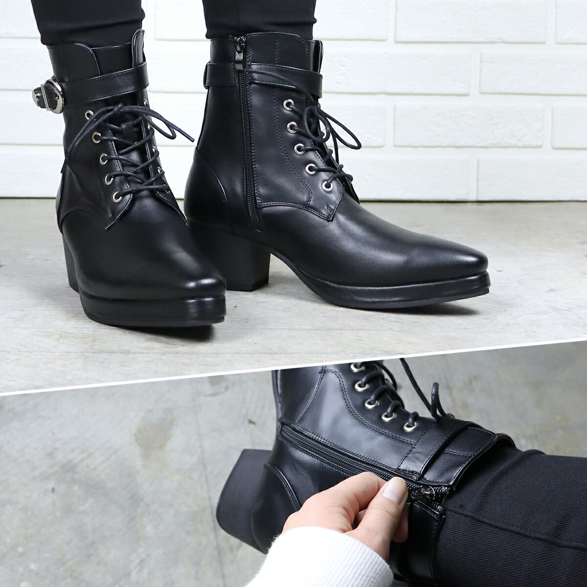 ブーツ メンズ ショートブーツ 厚底 6.5cmヒール サイドジップ レースアップ ストームブーツ 3E レザー 合成皮革 ベルトストラップ プラットフォーム プレーントゥ 黒 ブラック 6832 ブーツ メンズ ショートブーツ 厚底 6.5cmヒール サイドジップ レースアップ ストームブーツ 3E レザー 合成皮革 ベルトストラップ プラットフォーム プレーントゥ 黒 ブラック 6832