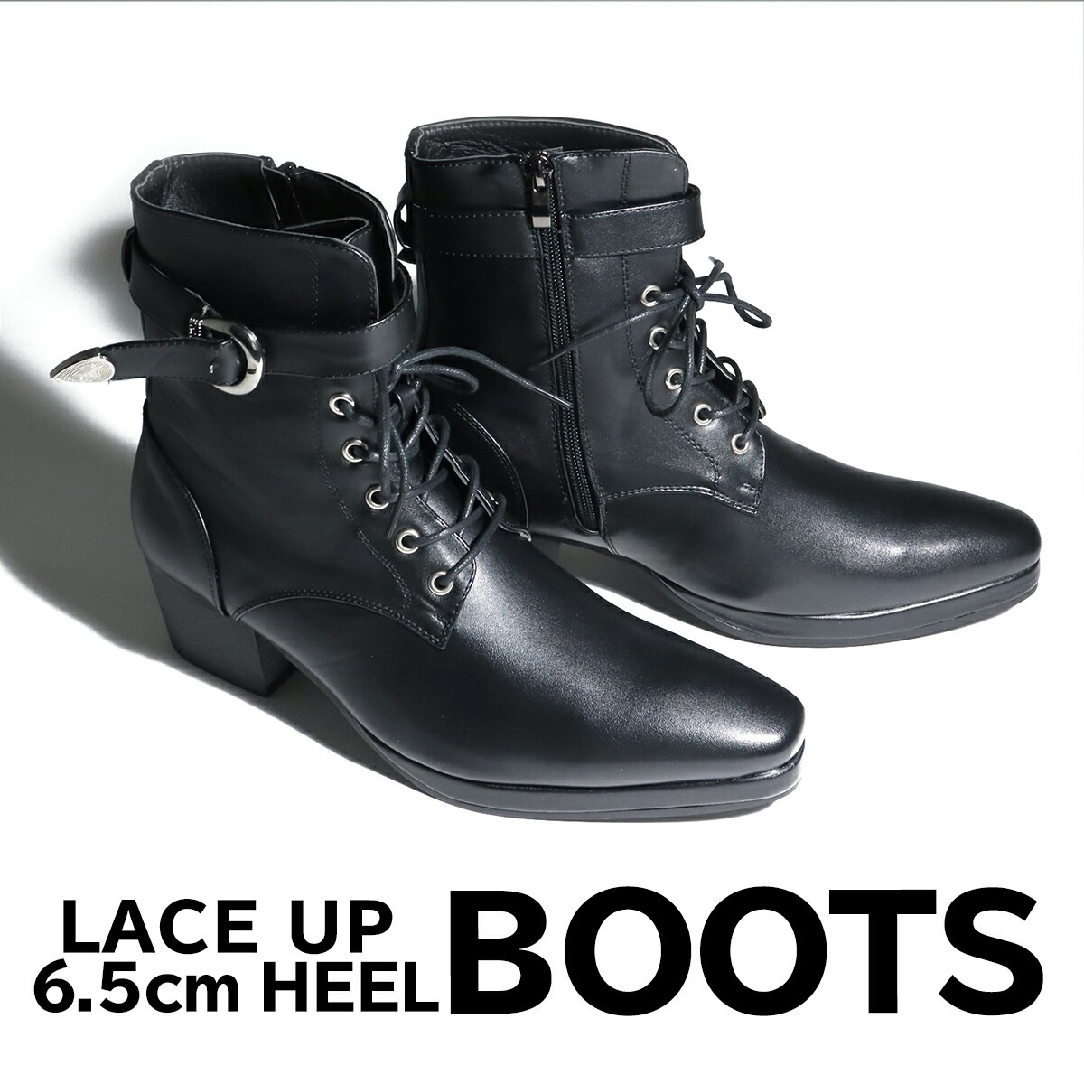 ブーツ メンズ ショートブーツ 厚底 6.5cmヒール サイドジップ レースアップ ストームブーツ 3E レザー 合成皮革 ベルトストラップ プラットフォーム プレーントゥ 黒 ブラック 6832 ブーツ メンズ ショートブーツ 厚底 6.5cmヒール サイドジップ レースアップ ストームブーツ 3E レザー 合成皮革 ベルトストラップ プラットフォーム プレーントゥ 黒 ブラック 6832