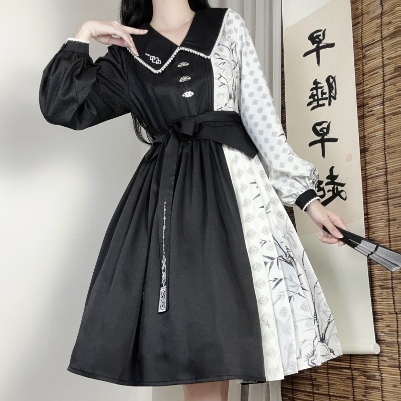 正規品デザイン墨竹白黒色合わせlolitacos要素新韓国ワンピース 正規品デザイン墨竹白黒色合わせlolitacos要素新韓国ワンピース