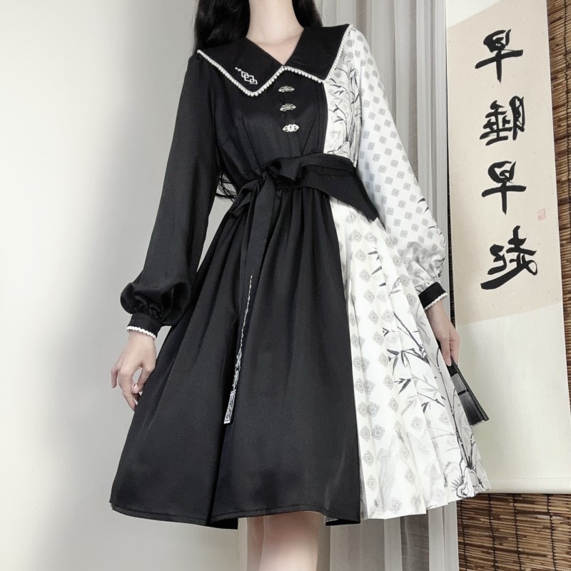 正規品デザイン墨竹白黒色合わせlolitacos要素新韓国ワンピース 正規品デザイン墨竹白黒色合わせlolitacos要素新韓国ワンピース