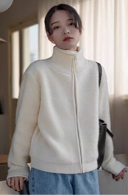 レディース トップス ジャケット ニット カーディガン 長袖 ハイネック Iライン フェミニン ファスナー 前開き ニット かわいい 大人可愛い きれいめ シンプル カジュアル 上品 おしゃれ