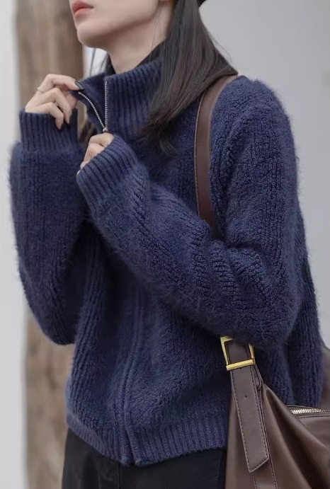 レディース トップス ジャケット ニット カーディガン 長袖 ハイネック Iライン フェミニン ファスナー 前開き ニット かわいい 大人可愛い きれいめ シンプル カジュアル 上品 おしゃれ