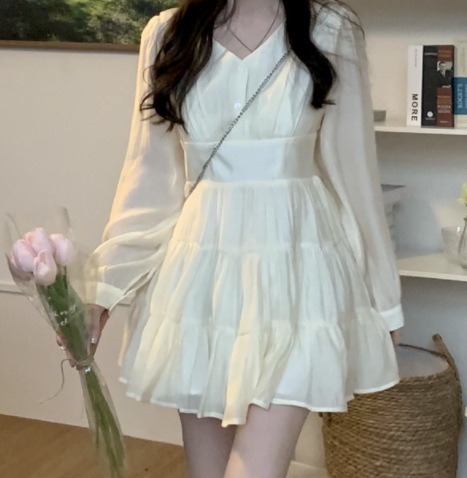 ミニワンピース トップス スイート ガーリー ラブリー ベージュ ショート丈 袖あり 長袖