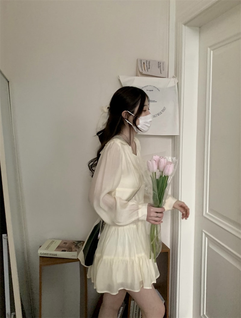 ミニワンピース トップス スイート ガーリー ラブリー ベージュ ショート丈 袖あり 長袖