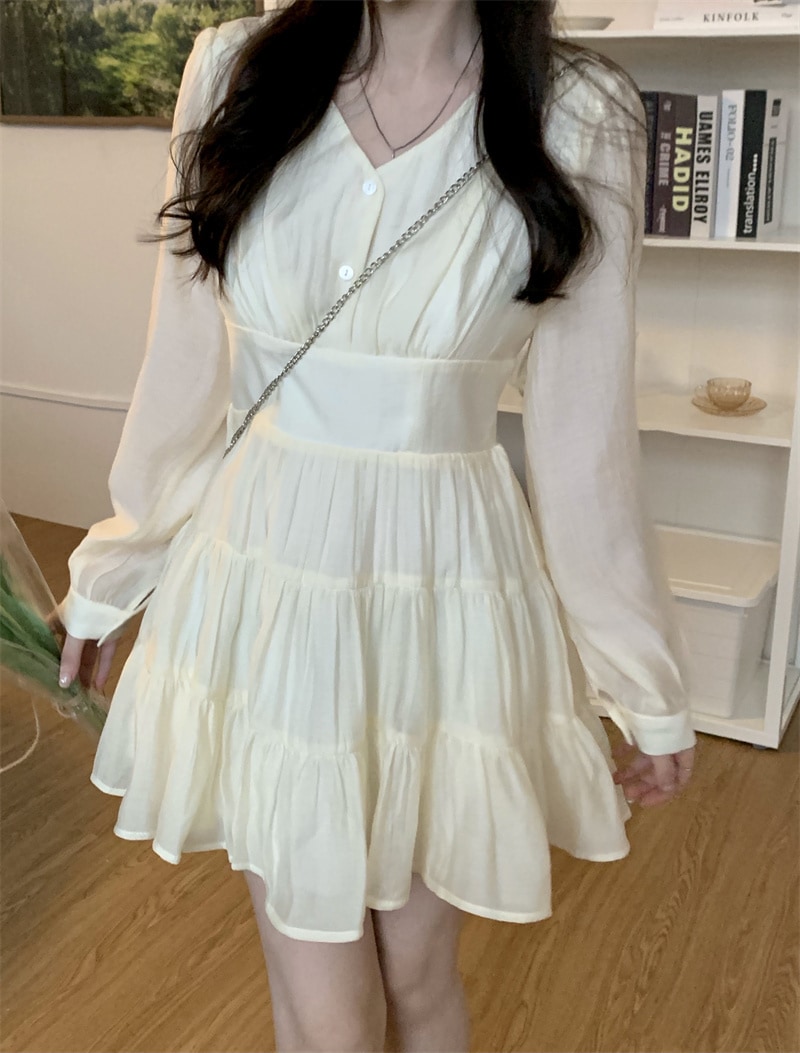 ミニワンピース トップス スイート ガーリー ラブリー ベージュ ショート丈 袖あり 長袖