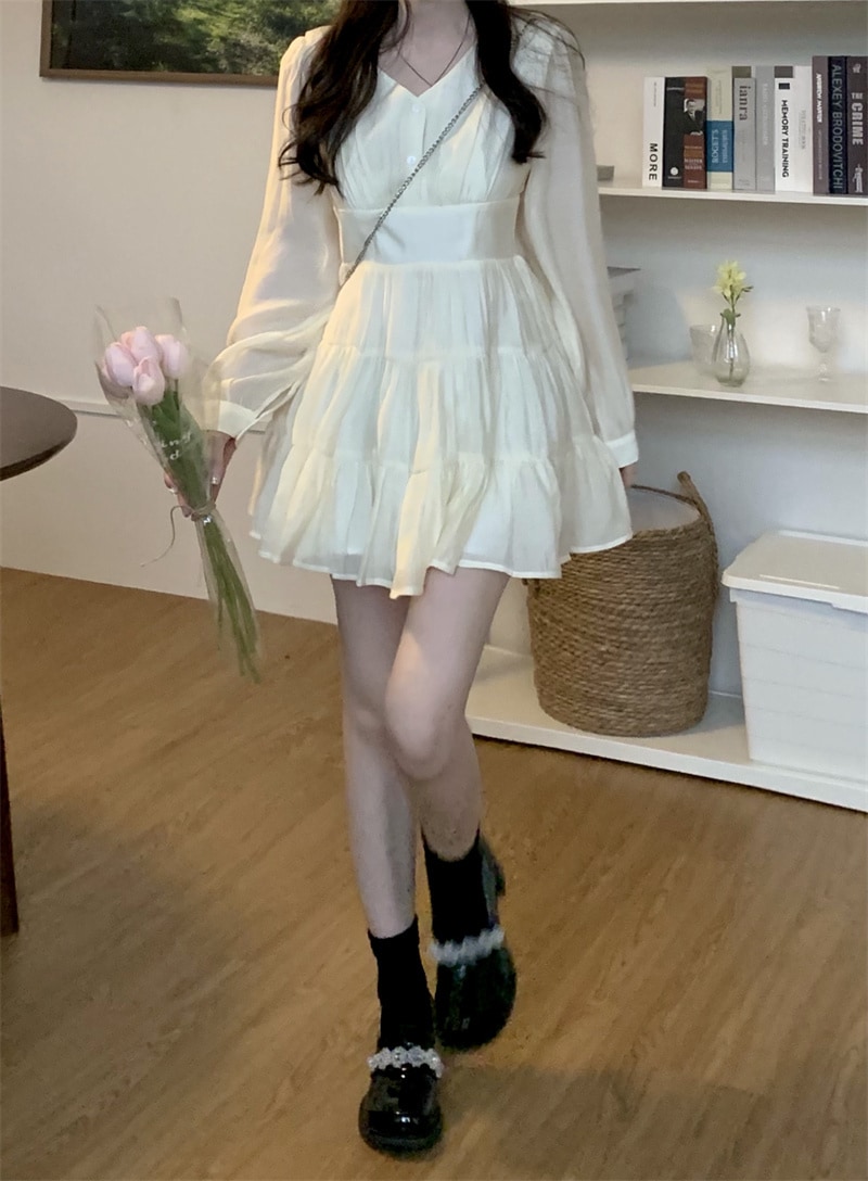 ミニワンピース トップス スイート ガーリー ラブリー ベージュ ショート丈 袖あり 長袖