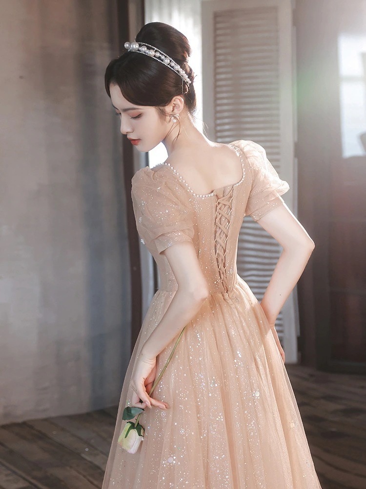 パーティードレスドレス花嫁ウェディングドレス結婚式　ドレスロングドレスパールスクエアネック着痩せワンピース