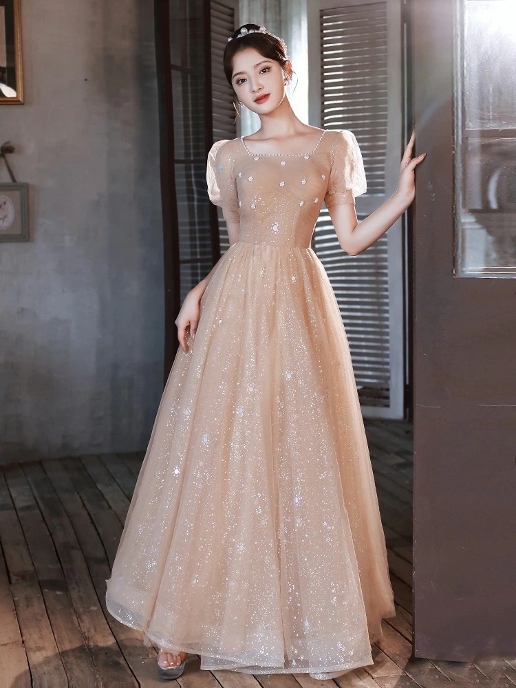 パーティードレスドレス花嫁ウェディングドレス結婚式　ドレスロングドレスパールスクエアネック着痩せワンピース