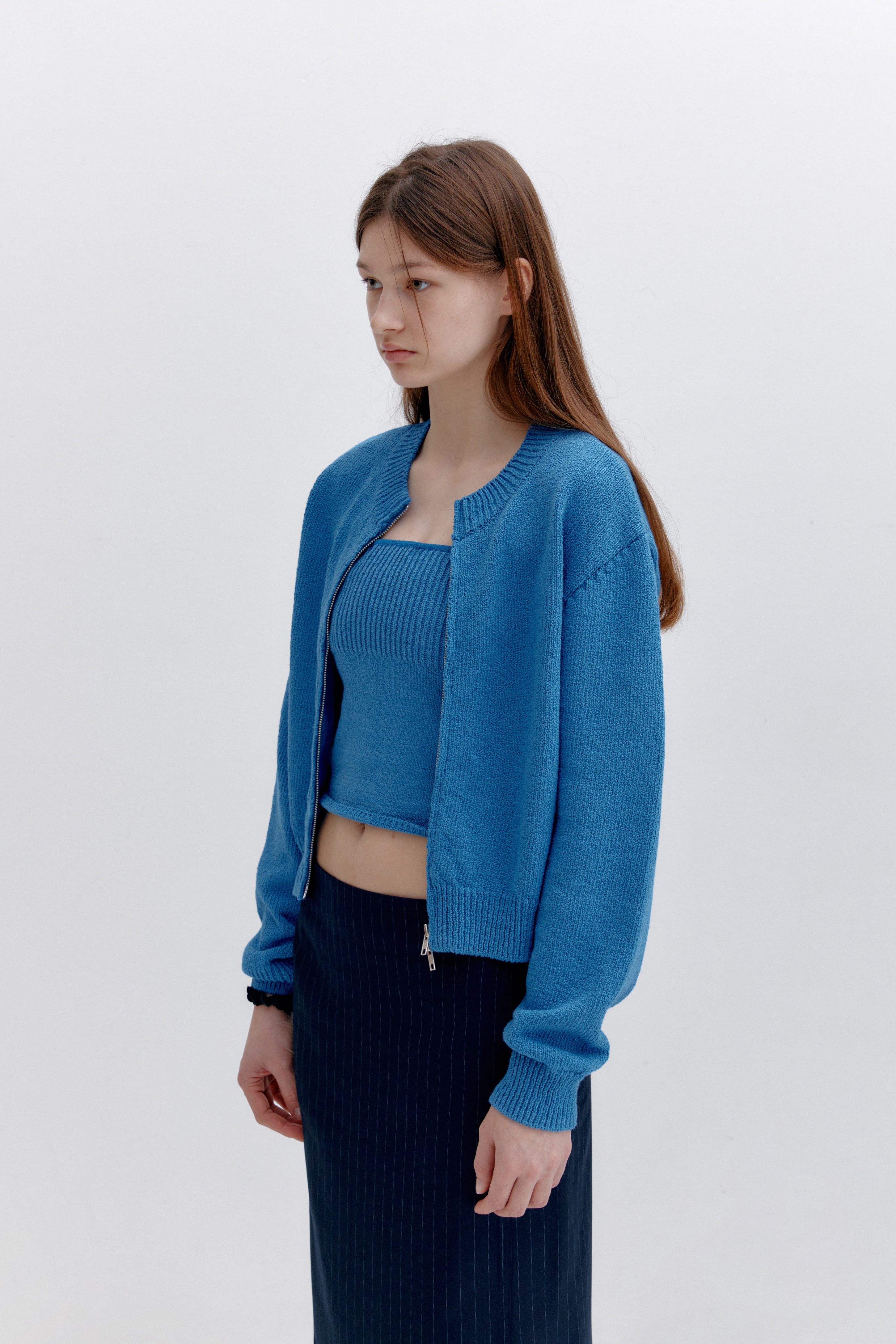 LOW CLASSIC】 COTTON ZIP-UP CARDIGAN : BLUE カーディガン