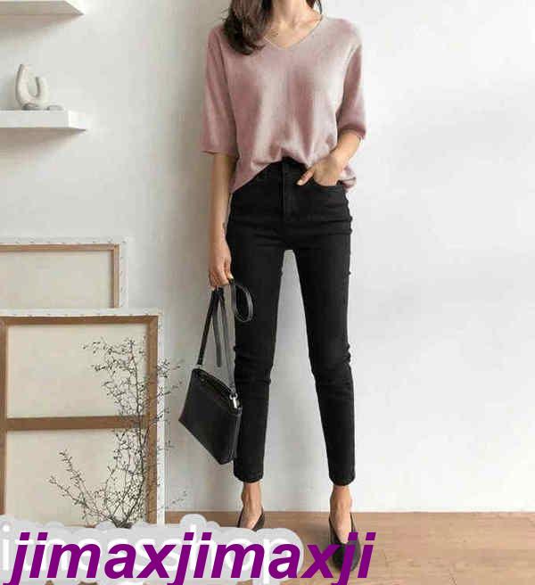 新生活 ニット カットソー Vネック レディース 2タイプ 半袖 長袖 トップス ニット セーター 無地 シルエット 着痩せ カジュアル おしゃれ プルオーバー 春 秋 春秋