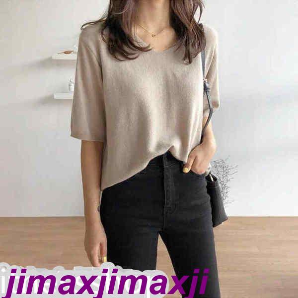 新生活 ニット カットソー Vネック レディース 2タイプ 半袖 長袖 トップス ニット セーター 無地 シルエット 着痩せ カジュアル おしゃれ プルオーバー 春 秋 春秋