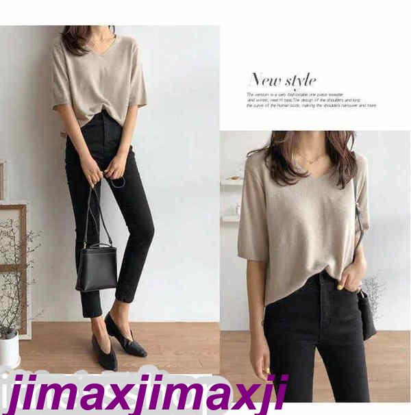 新生活 ニット カットソー Vネック レディース 2タイプ 半袖 長袖 トップス ニット セーター 無地 シルエット 着痩せ カジュアル おしゃれ プルオーバー 春 秋 春秋