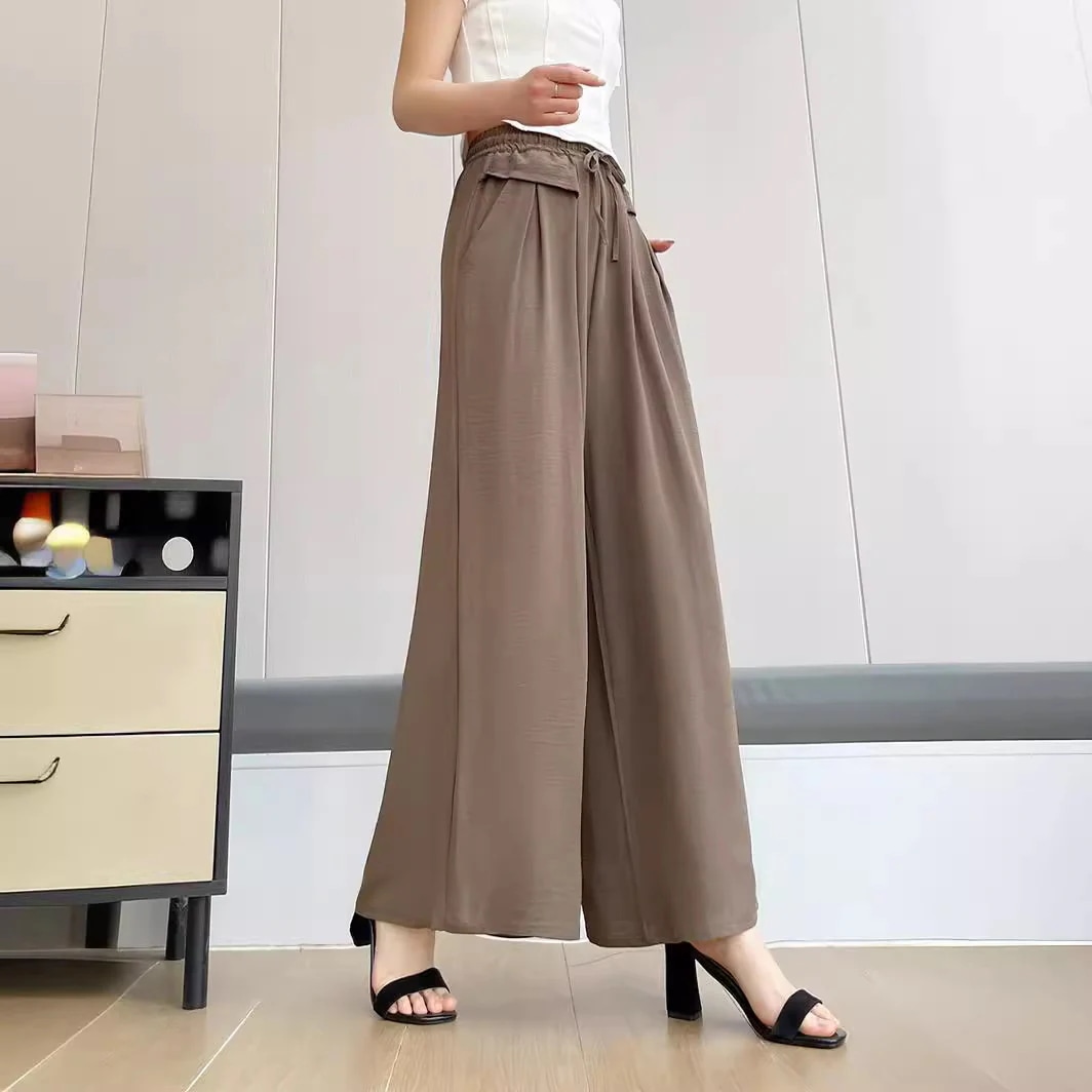 【超お得1つ買うと10個もらえる】春夏薄い女性用ズボン新しいポケットワイドパンツゴム弾力黒いカジュアルパンツ垂感痩せて見えるズボン