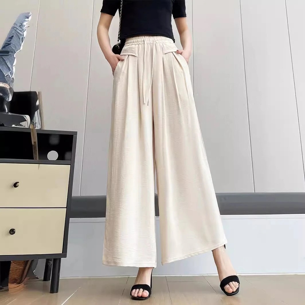 【超お得1つ買うと10個もらえる】春夏薄い女性用ズボン新しいポケットワイドパンツゴム弾力黒いカジュアルパンツ垂感痩せて見えるズボン