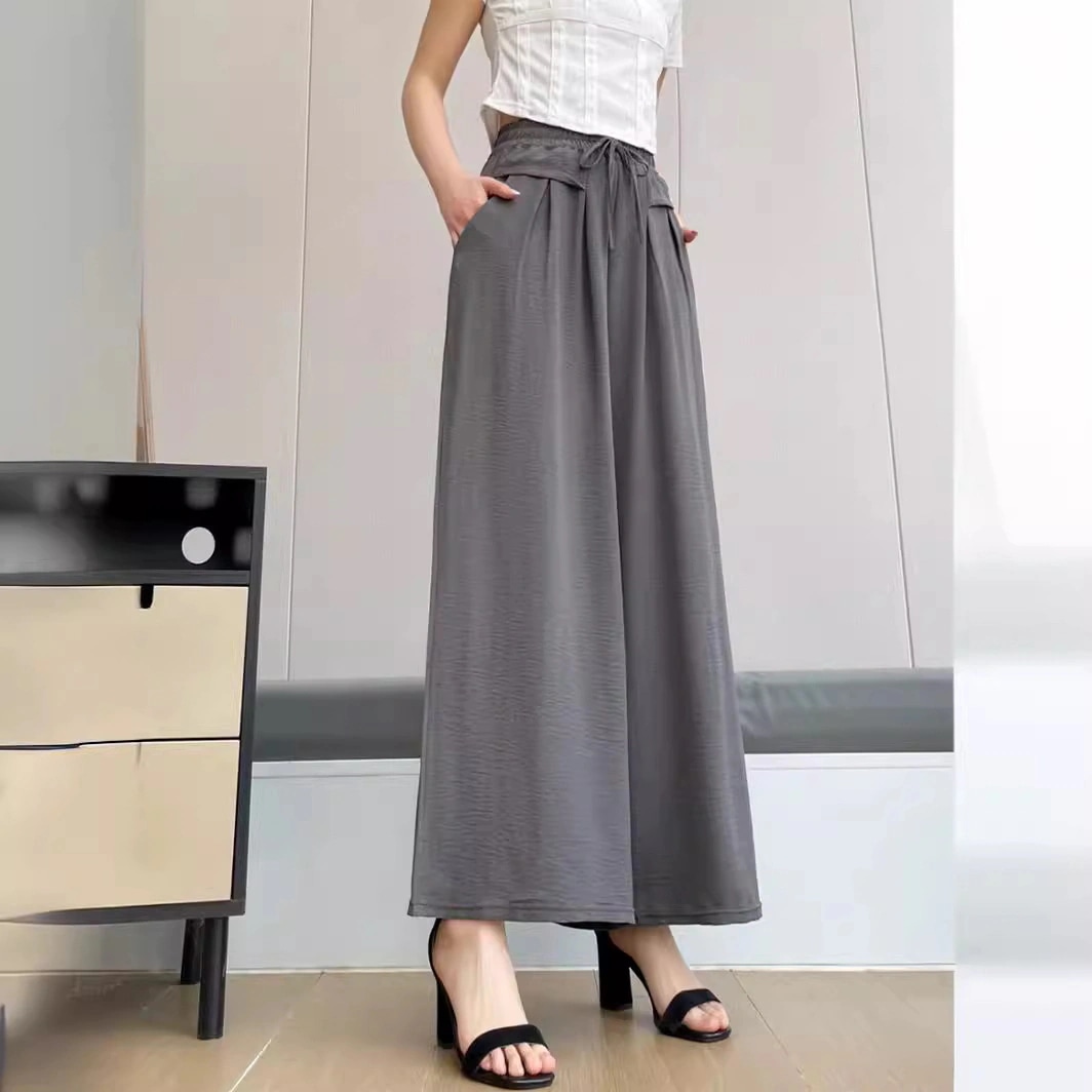 【超お得1つ買うと10個もらえる】春夏薄い女性用ズボン新しいポケットワイドパンツゴム弾力黒いカジュアルパンツ垂感痩せて見えるズボン