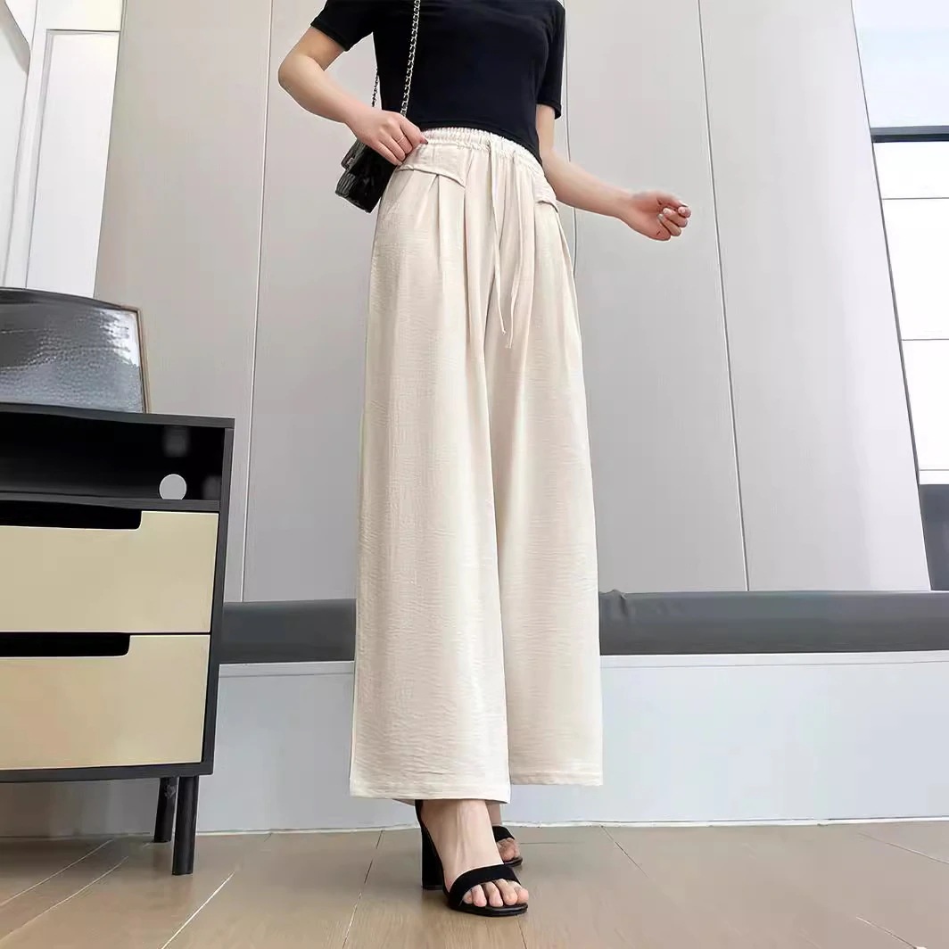 【超お得1つ買うと10個もらえる】春夏薄い女性用ズボン新しいポケットワイドパンツゴム弾力黒いカジュアルパンツ垂感痩せて見えるズボン